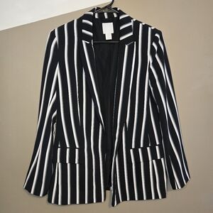 H&M Women's Open Drape Striped Blazer White Black Green Size 6 Business Office